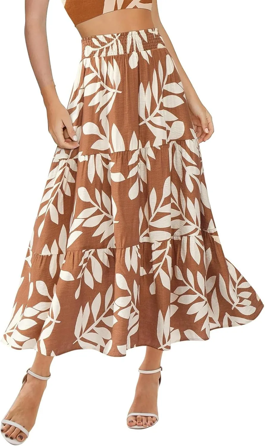Women's Floral Print Midi Maxi Skirts: 2025 Summer Casual Aline Elastic High Waist Pleated Flowy Long Skirt Pockets