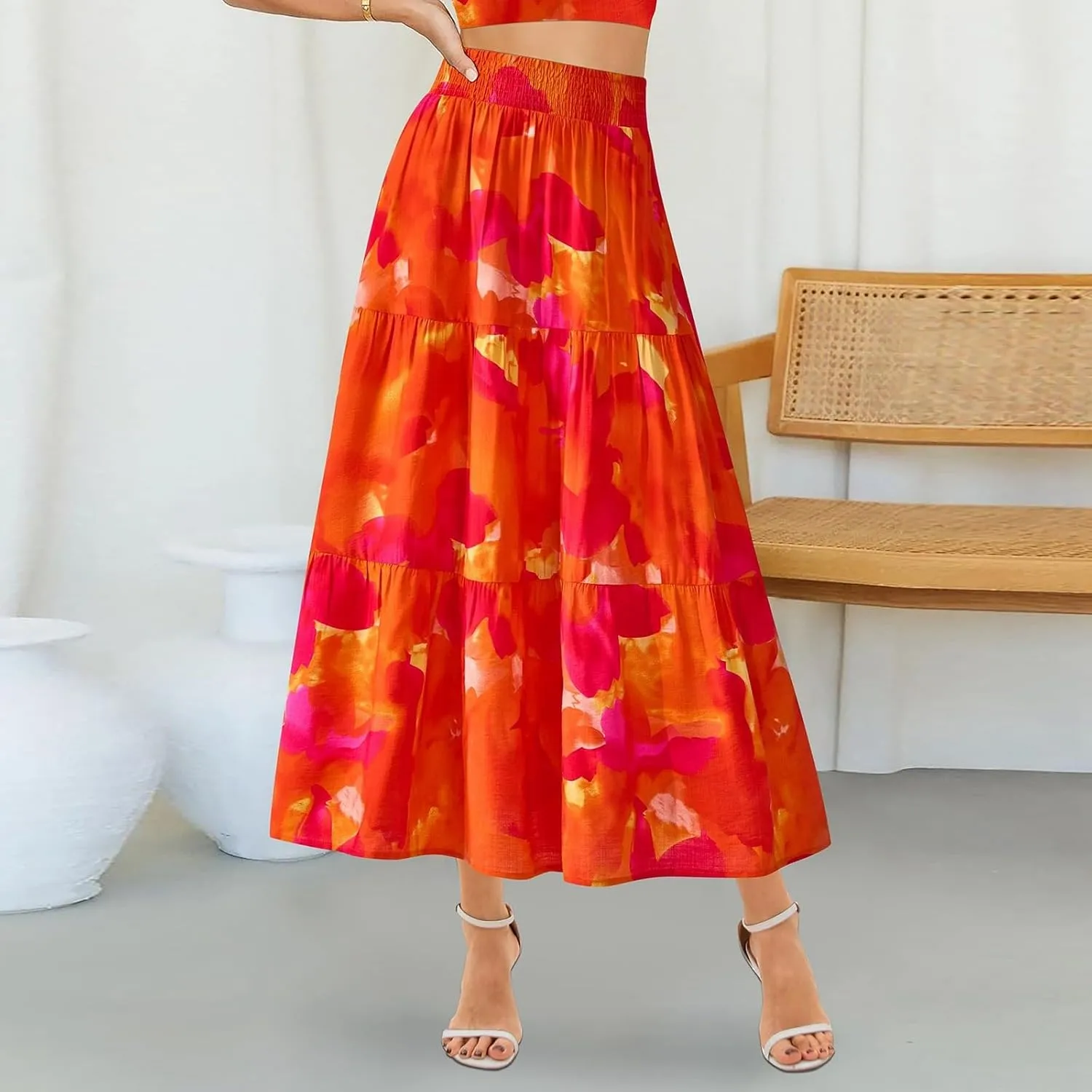 Women's Floral Print Midi Maxi Skirts: 2025 Summer Casual Aline Elastic High Waist Pleated Flowy Long Skirt Pockets