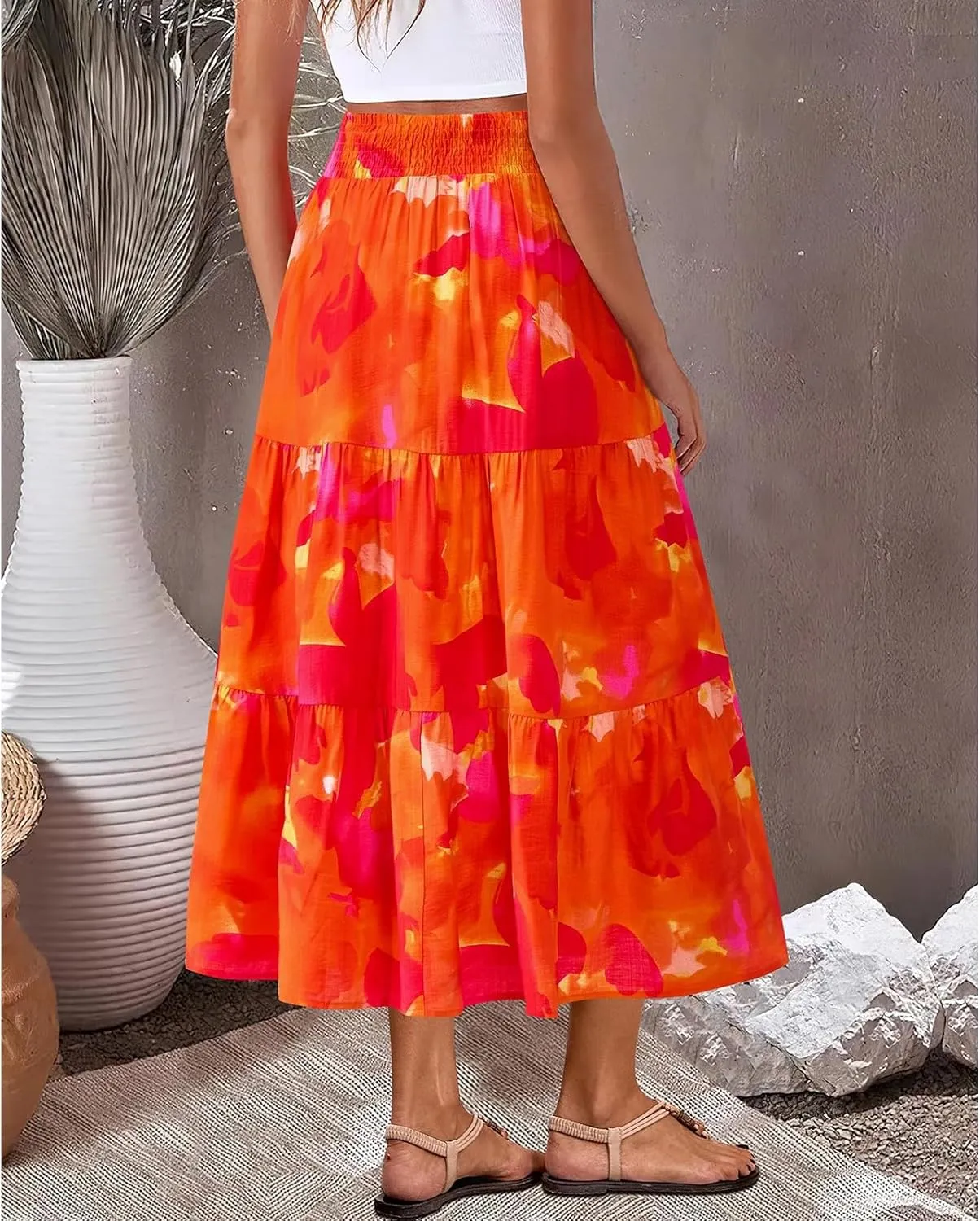 Women's Floral Print Midi Maxi Skirts: 2025 Summer Casual Aline Elastic High Waist Pleated Flowy Long Skirt Pockets