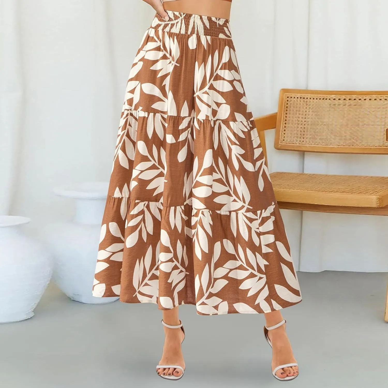 Women's Floral Print Midi Maxi Skirts: 2025 Summer Casual Aline Elastic High Waist Pleated Flowy Long Skirt Pockets