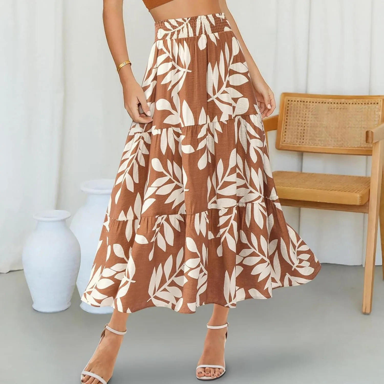 Women's Floral Print Midi Maxi Skirts: 2025 Summer Casual Aline Elastic High Waist Pleated Flowy Long Skirt Pockets