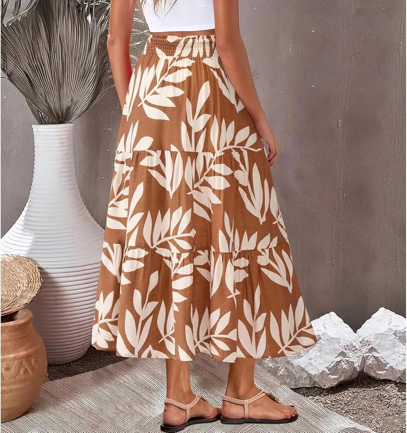 Women's Floral Print Midi Maxi Skirts: 2025 Summer Casual Aline Elastic High Waist Pleated Flowy Long Skirt Pockets