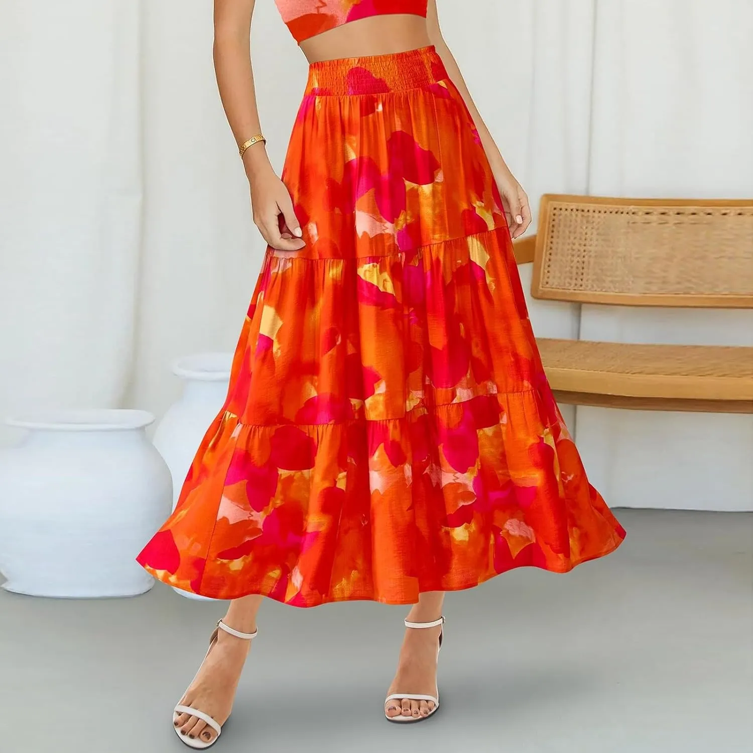 Women's Floral Print Midi Maxi Skirts: 2025 Summer Casual Aline Elastic High Waist Pleated Flowy Long Skirt Pockets