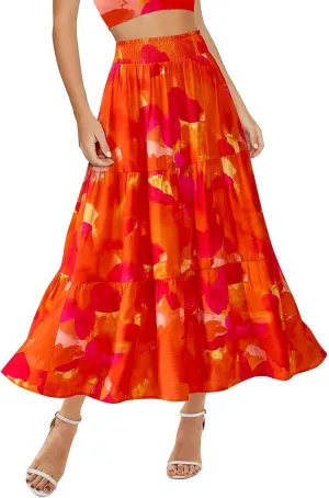 Women's Floral Print Midi Maxi Skirts: 2025 Summer Casual Aline Elastic High Waist Pleated Flowy Long Skirt Pockets