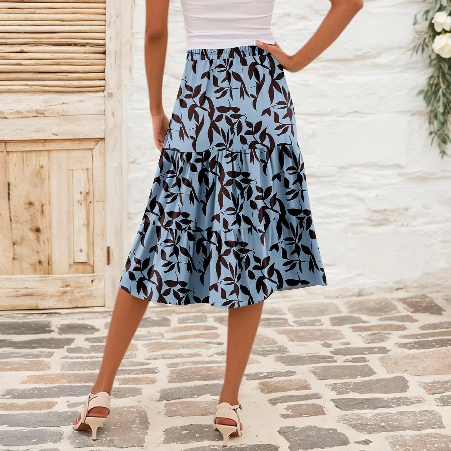 Womens Floral Print Midi Skirts 2025 Summer Casual Aline Elastic High Waisted Pleated Flowy Long Skirt with Pockets