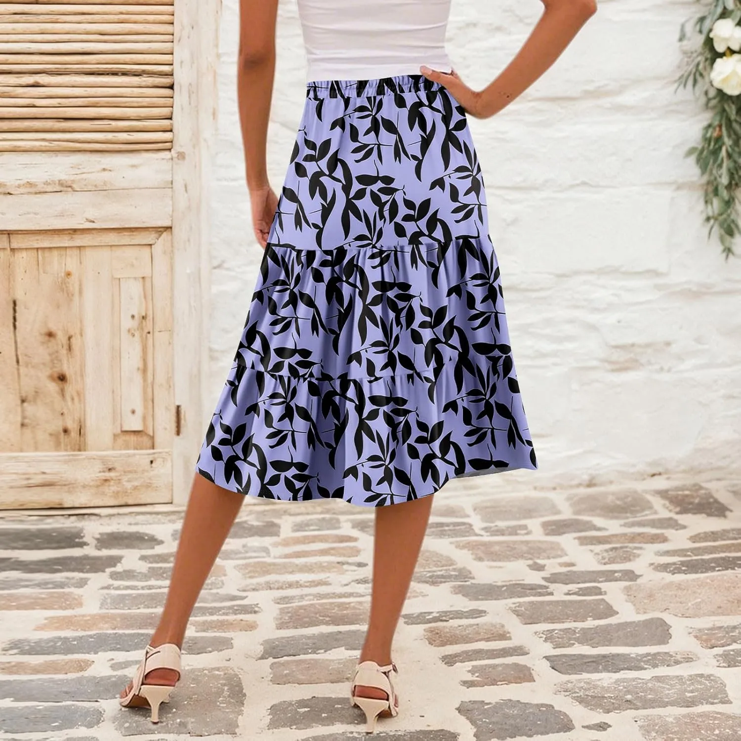 Womens Floral Print Midi Skirts 2025 Summer Casual Aline Elastic High Waisted Pleated Flowy Long Skirt with Pockets