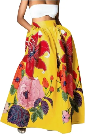Women's Floral Ruffle Skirts Boho Maxi Skirt Plus Size High Waist Fashion Loose Hem Backless Beach Dresses Pocket