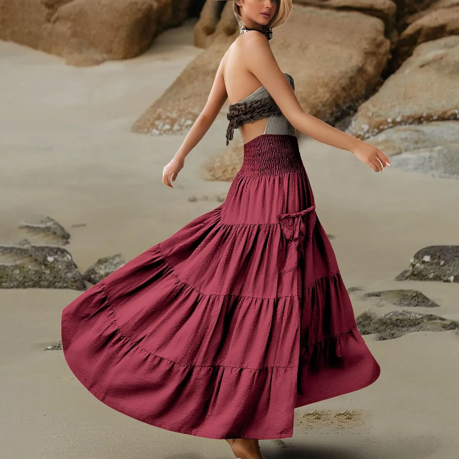 Womens Flowy Pleated Skirts A Line High Smocked Waist Midi Skirt Bohemian Casual Renaissance Skirt with Pockets 2025