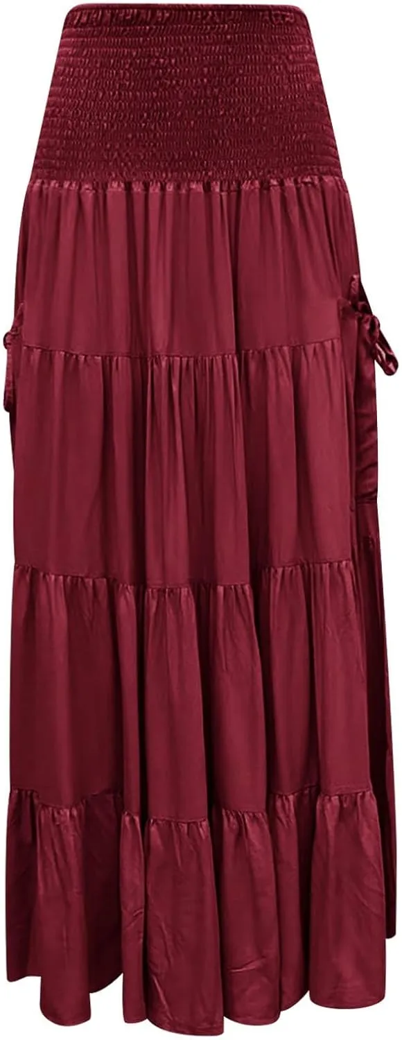 Womens Flowy Pleated Skirts A Line High Smocked Waist Midi Skirt Bohemian Casual Renaissance Skirt with Pockets 2025