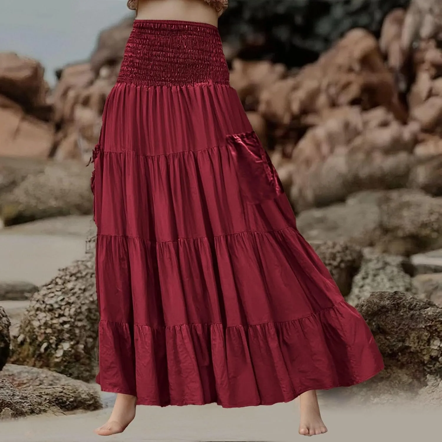 Womens Flowy Pleated Skirts A Line High Smocked Waist Midi Skirt Bohemian Casual Renaissance Skirt with Pockets 2025