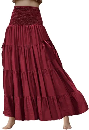 Womens Flowy Pleated Skirts A Line High Smocked Waist Midi Skirt Bohemian Casual Renaissance Skirt with Pockets 2025