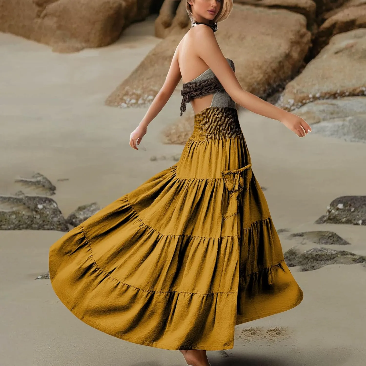 Womens Flowy Pleated Skirts A Line High Smocked Waist Midi Skirt Bohemian Casual Renaissance Skirt with Pockets 2025