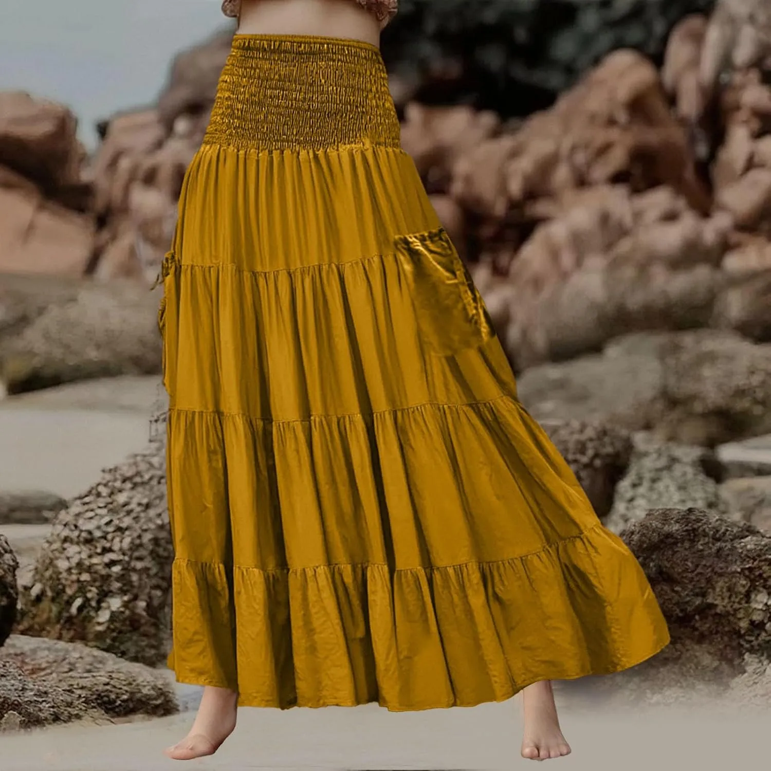 Womens Flowy Pleated Skirts A Line High Smocked Waist Midi Skirt Bohemian Casual Renaissance Skirt with Pockets 2025