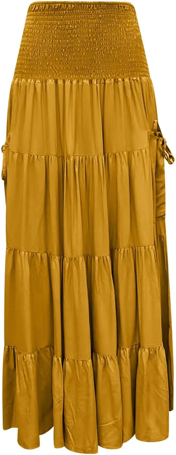 Womens Flowy Pleated Skirts A Line High Smocked Waist Midi Skirt Bohemian Casual Renaissance Skirt with Pockets 2025