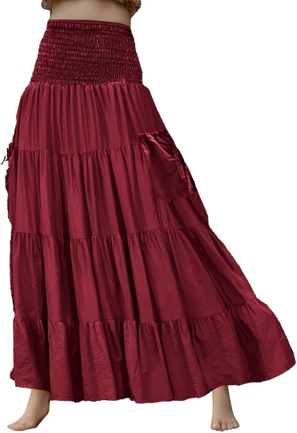 Womens Flowy Pleated Skirts A Line High Smocked Waist Midi Skirt Bohemian Casual Renaissance Skirt with Pockets 2025