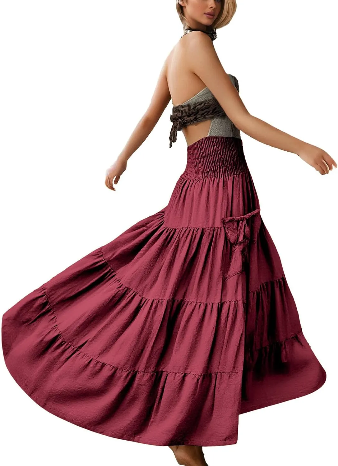 Womens Flowy Pleated Skirts A Line High Smocked Waist Midi Skirt Bohemian Casual Renaissance Skirt with Pockets 2025