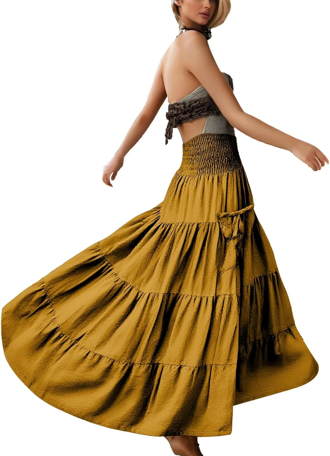 Womens Flowy Pleated Skirts A Line High Smocked Waist Midi Skirt Bohemian Casual Renaissance Skirt with Pockets 2025