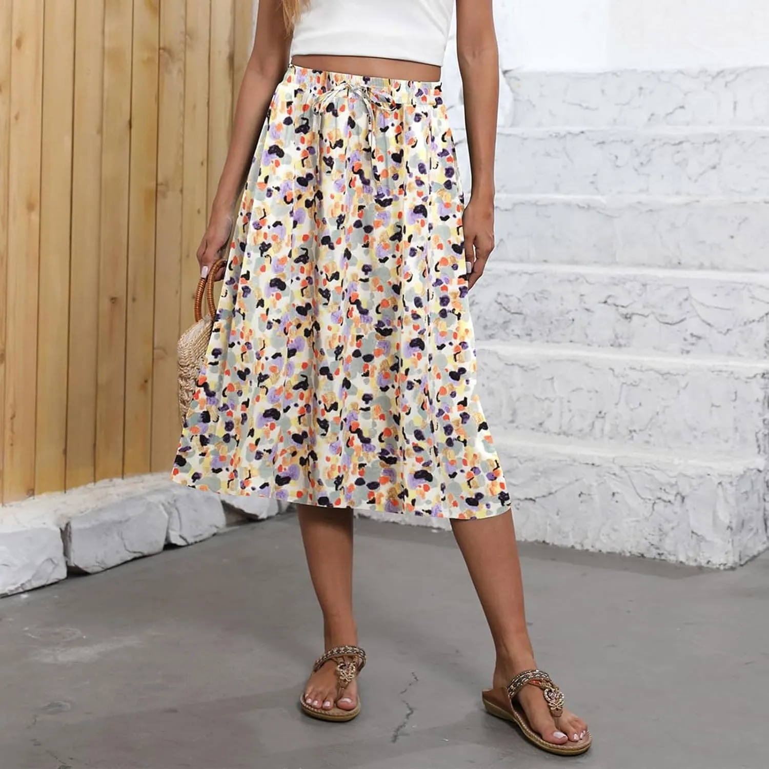 Women's Flowy Skirt Summer Casual Loose Trendy Elastic High Waist Floral Print Bohemian Sun Beach Maxi Skirts