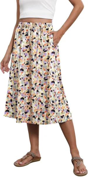 Women's Flowy Skirt Summer Casual Loose Trendy Elastic High Waist Floral Print Bohemian Sun Beach Maxi Skirts
