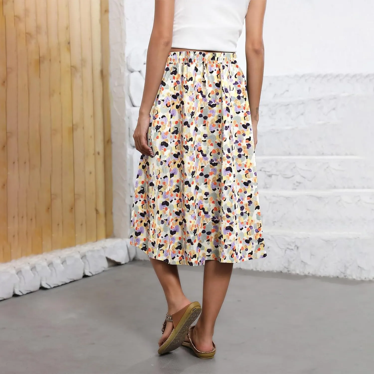 Women's Flowy Skirt Summer Casual Loose Trendy Elastic High Waist Floral Print Bohemian Sun Beach Maxi Skirts