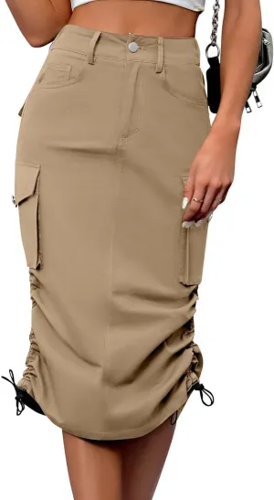 Women's Flowy Summer Casual High Waist Solid Elastic Button Midi Skirts,XS-XL