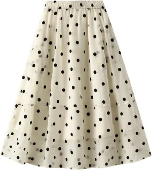 Womens Gauze Skirts Polka Dot Print A Line Swing Midi Skirt Summer Casual Boho Beach Skirts Resort Wear