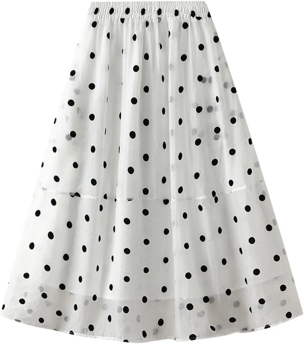 Womens Gauze Skirts Polka Dot Print A Line Swing Midi Skirt Summer Casual Boho Beach Skirts Resort Wear