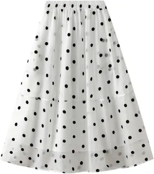 Womens Gauze Skirts Polka Dot Print A Line Swing Midi Skirt Summer Casual Boho Beach Skirts Resort Wear