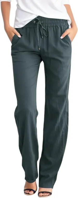 Womens High Waist Cotton Linen Pants Straight Leg Casual Loose Summer Beach Lightweight Drawstring Comfy Lounge Pants