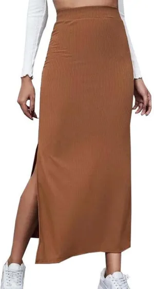 Women's High Waisted Skirts Split Thigh Rib Knit Bodycon Maxi Skirt A-line Long Pencil Skirt 2025 Trendy Skirt