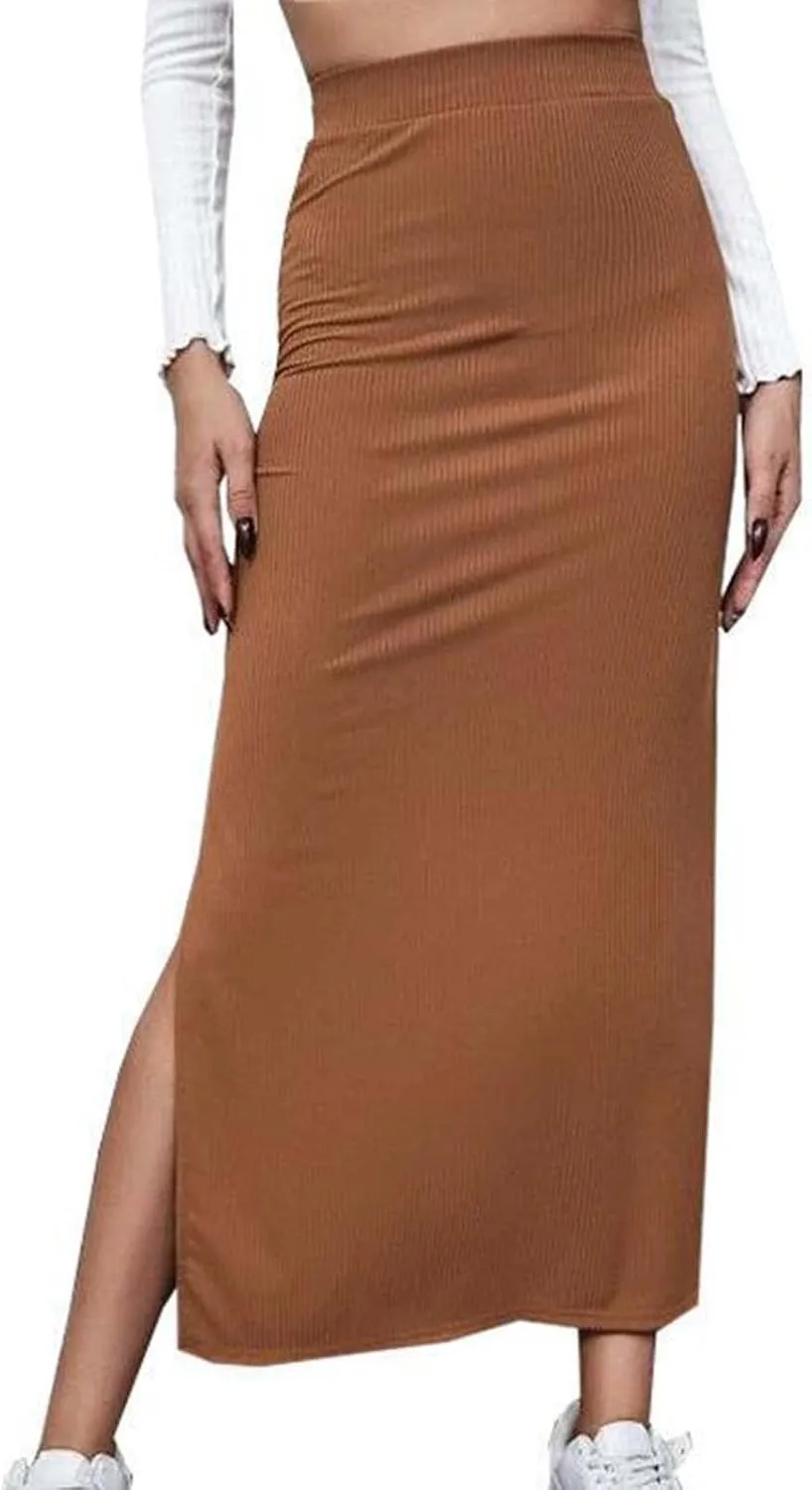 Women's High Waisted Skirts Split Thigh Rib Knit Bodycon Maxi Skirt A-line Long Pencil Skirt 2025 Trendy Skirt
