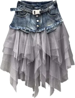 Women's Irregular Denim Tulle Skirts High Waist Mid-Length Mesh Pleated Y2k Gothic Pockets & Belt
