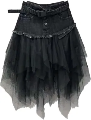 Women's Irregular Denim Tulle Skirts High Waist Mid-Length Mesh Pleated Y2k Gothic Pockets & Belt