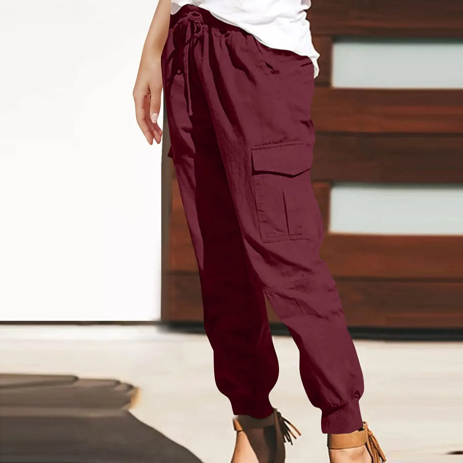 Womens Jogger Cargo Pants With Pockets Plus Size Casual Drawstring Elastic Waist Trousers Solid Loose Parachute Pants