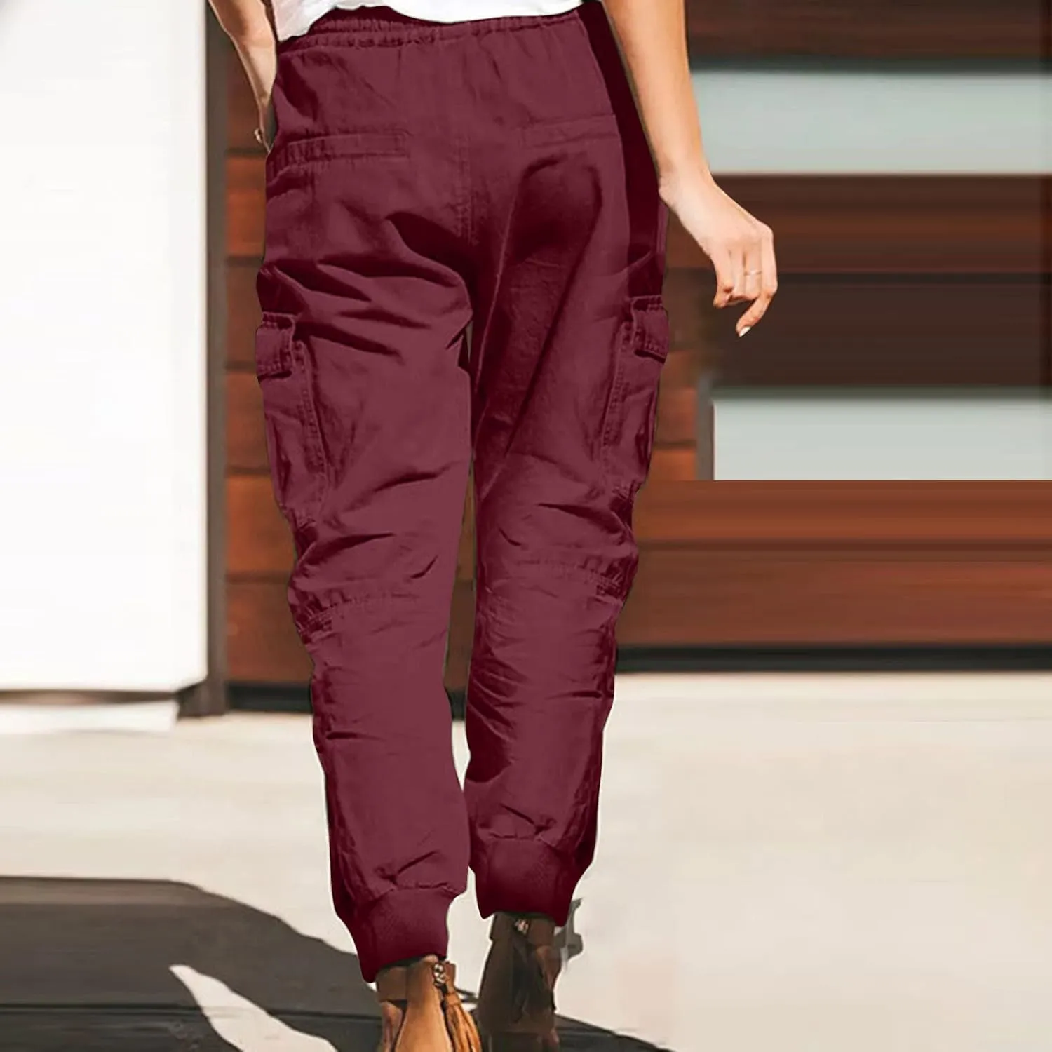 Womens Jogger Cargo Pants With Pockets Plus Size Casual Drawstring Elastic Waist Trousers Solid Loose Parachute Pants