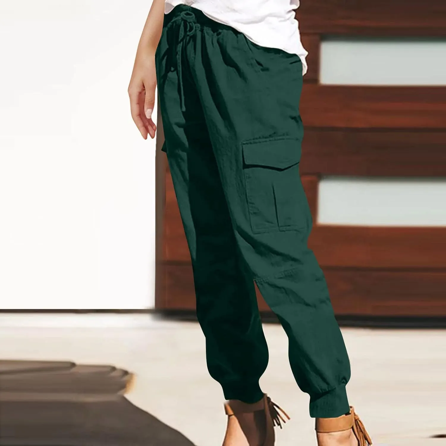 Womens Jogger Cargo Pants With Pockets Plus Size Casual Drawstring Elastic Waist Trousers Solid Loose Parachute Pants