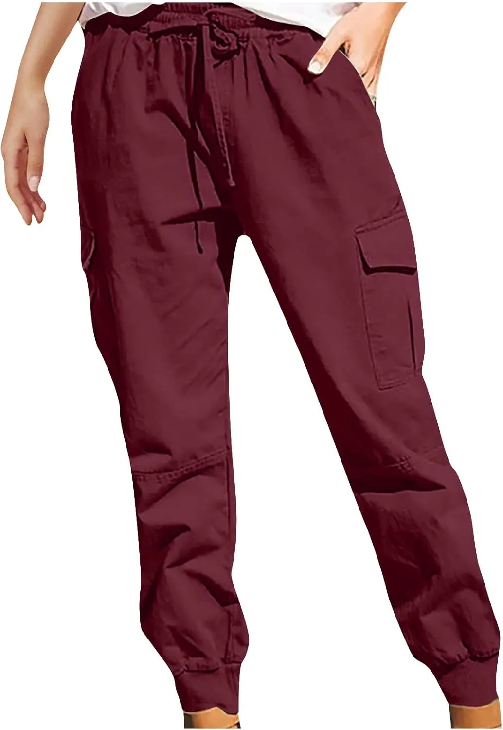 Womens Jogger Cargo Pants With Pockets Plus Size Casual Drawstring Elastic Waist Trousers Solid Loose Parachute Pants