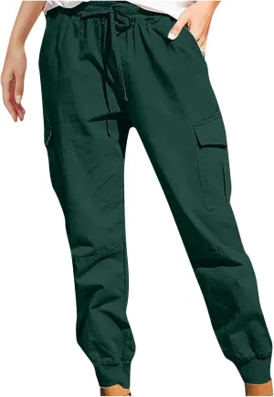 Womens Jogger Cargo Pants With Pockets Plus Size Casual Drawstring Elastic Waist Trousers Solid Loose Parachute Pants
