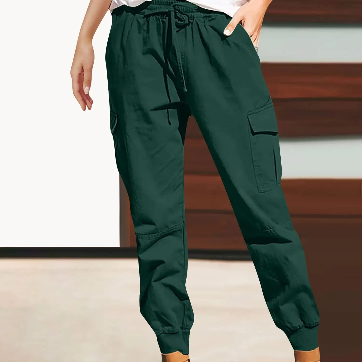 Womens Jogger Cargo Pants With Pockets Plus Size Casual Drawstring Elastic Waist Trousers Solid Loose Parachute Pants