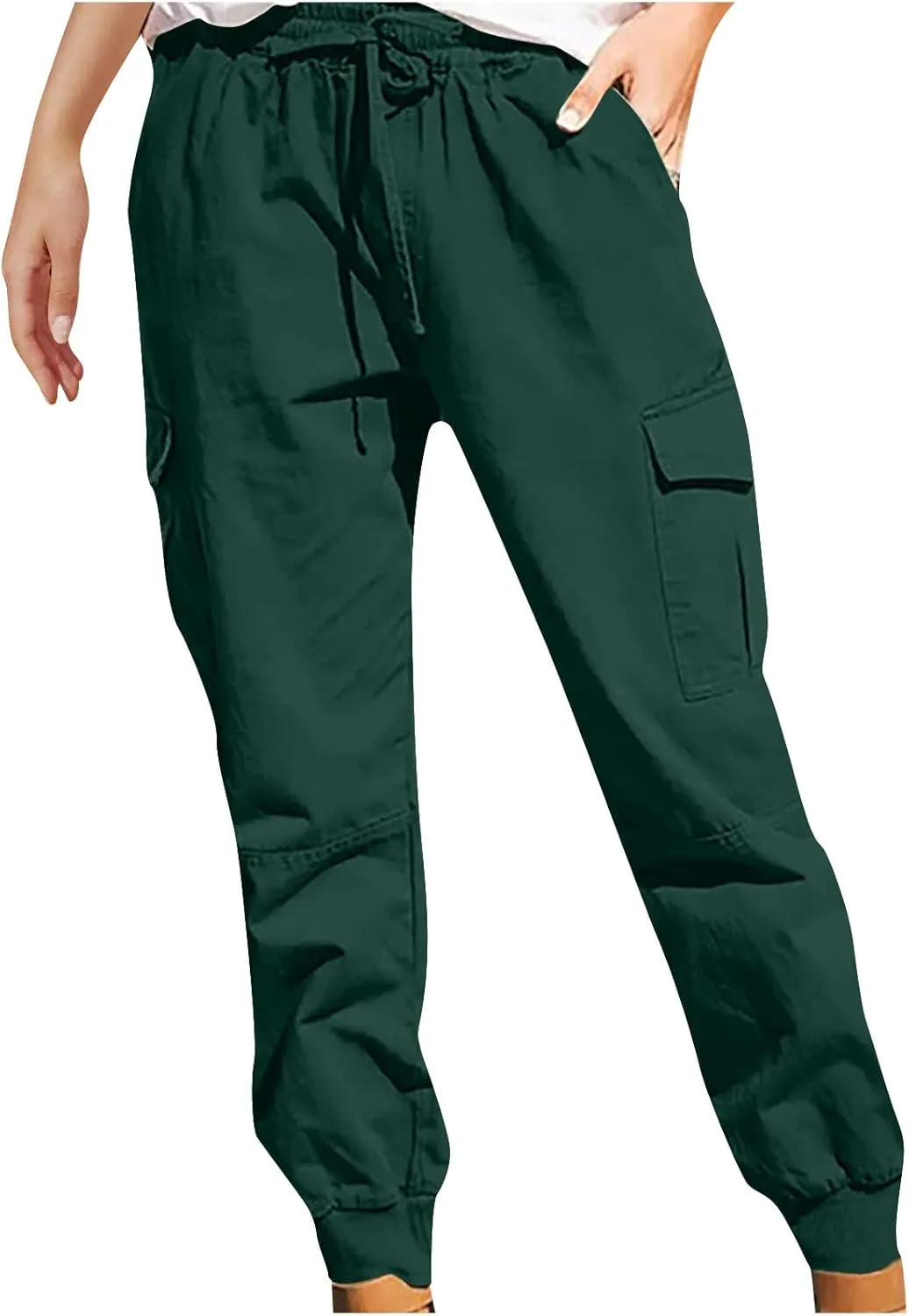 Womens Jogger Cargo Pants With Pockets Plus Size Casual Drawstring Elastic Waist Trousers Solid Loose Parachute Pants