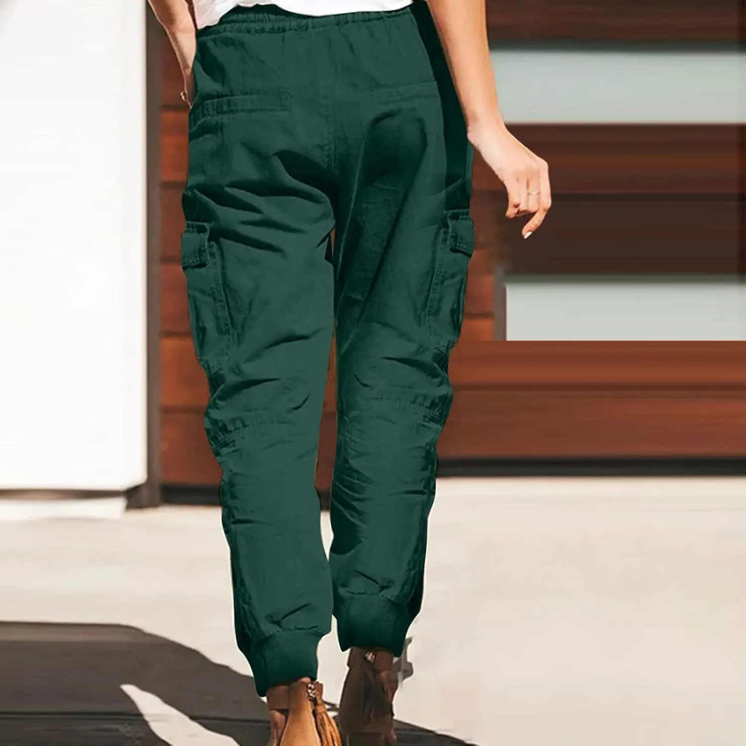 Womens Jogger Cargo Pants With Pockets Plus Size Casual Drawstring Elastic Waist Trousers Solid Loose Parachute Pants