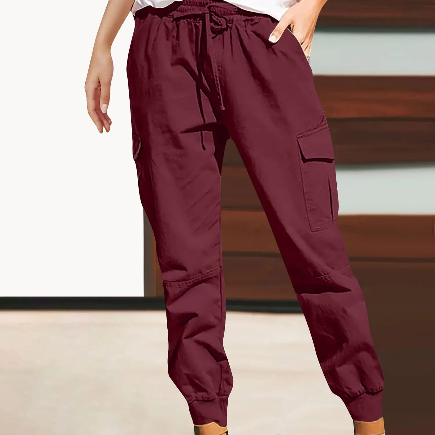 Womens Jogger Cargo Pants With Pockets Plus Size Casual Drawstring Elastic Waist Trousers Solid Loose Parachute Pants