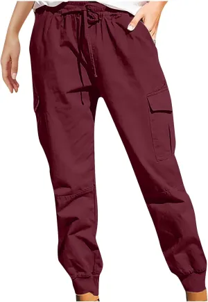Womens Jogger Cargo Pants With Pockets Plus Size Casual Drawstring Elastic Waist Trousers Solid Loose Parachute Pants