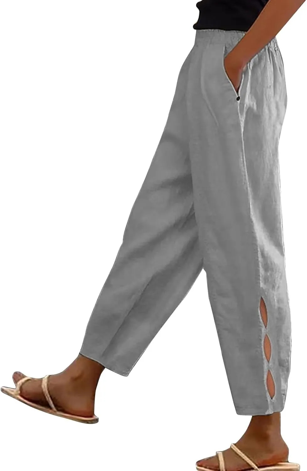Womens Linen Harem Pants Hollow Elastic Waist Casual Beach Pants Summer Boho Baggy Wide Leg Trousers with Pockets