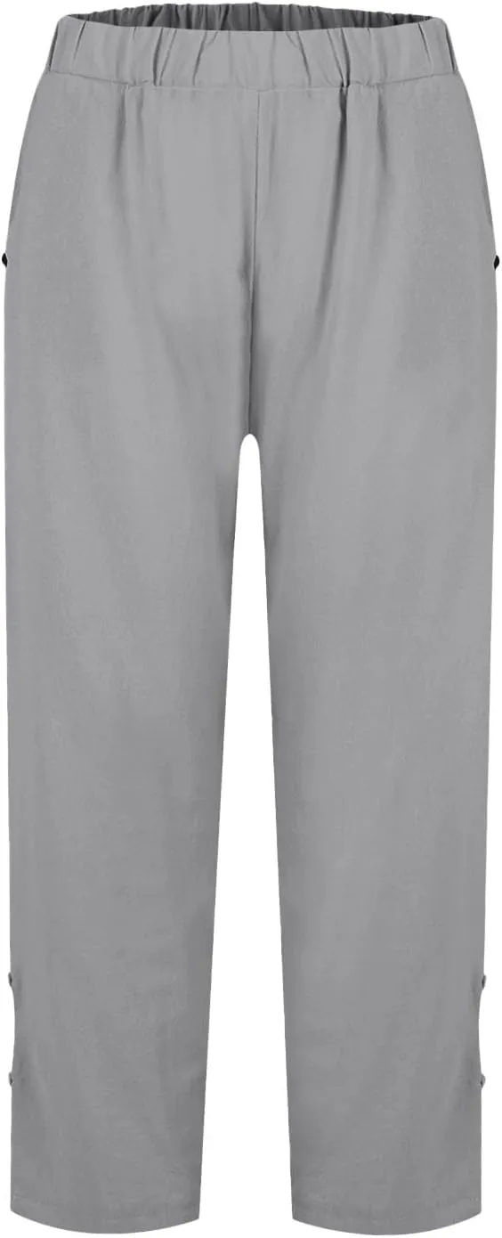 Womens Linen Harem Pants Hollow Elastic Waist Casual Beach Pants Summer Boho Baggy Wide Leg Trousers with Pockets
