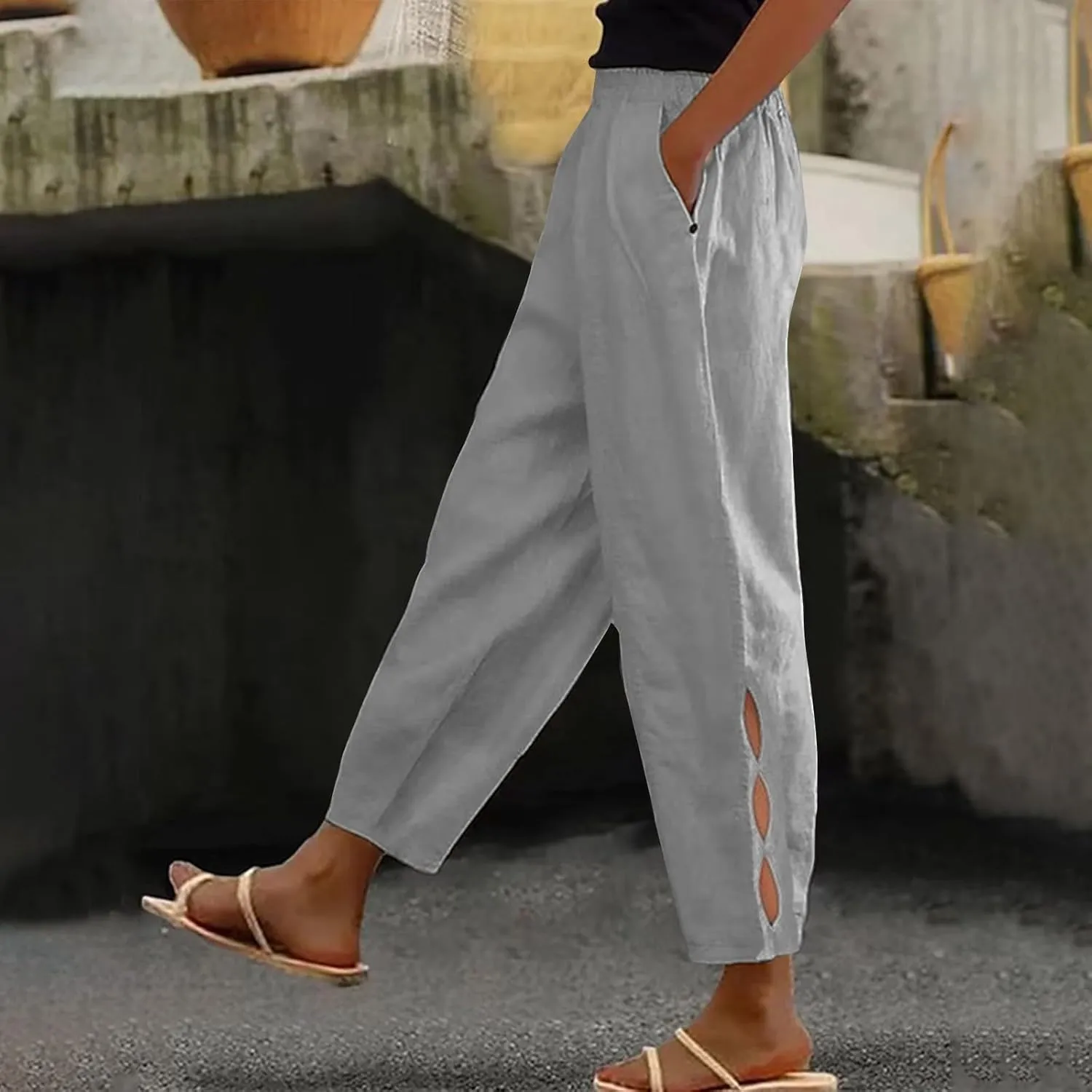 Womens Linen Harem Pants Hollow Elastic Waist Casual Beach Pants Summer Boho Baggy Wide Leg Trousers with Pockets