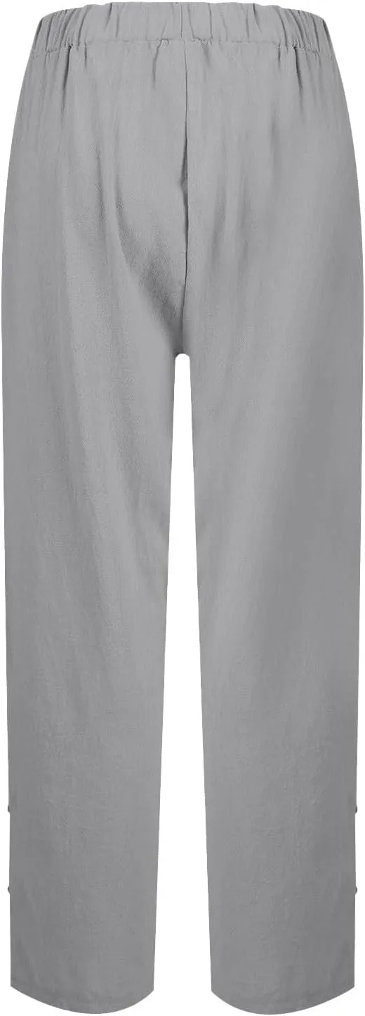 Womens Linen Harem Pants Hollow Elastic Waist Casual Beach Pants Summer Boho Baggy Wide Leg Trousers with Pockets