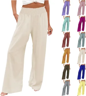 Womens Linen Pants 2025 Summer Casual Loose Wide Leg Palazzo Pants High Waist Flowy Beach Trousers Outfits