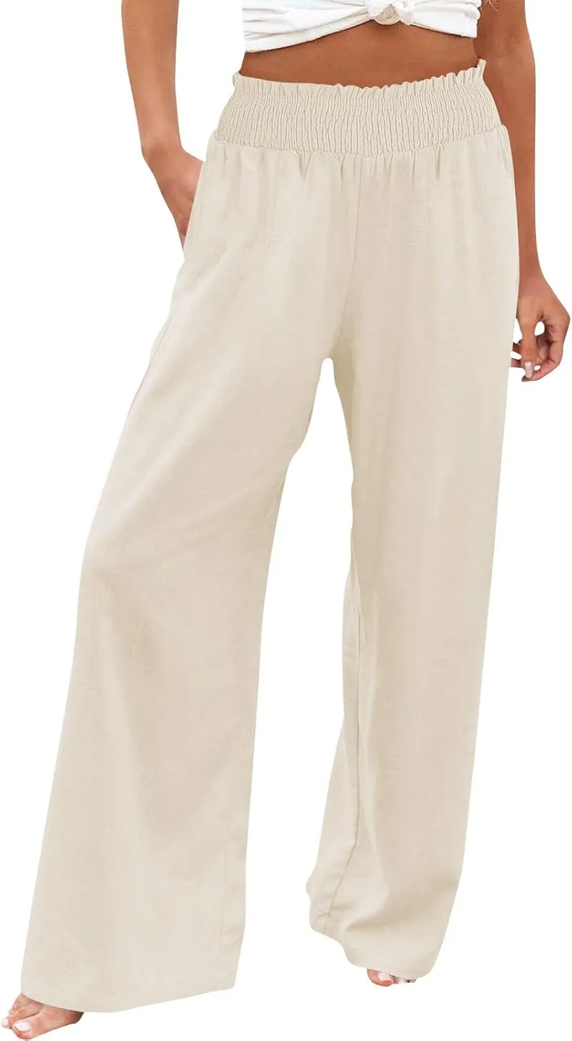 Womens Linen Pants 2025 Summer Casual Loose Wide Leg Palazzo Pants High Waist Flowy Beach Trousers Outfits