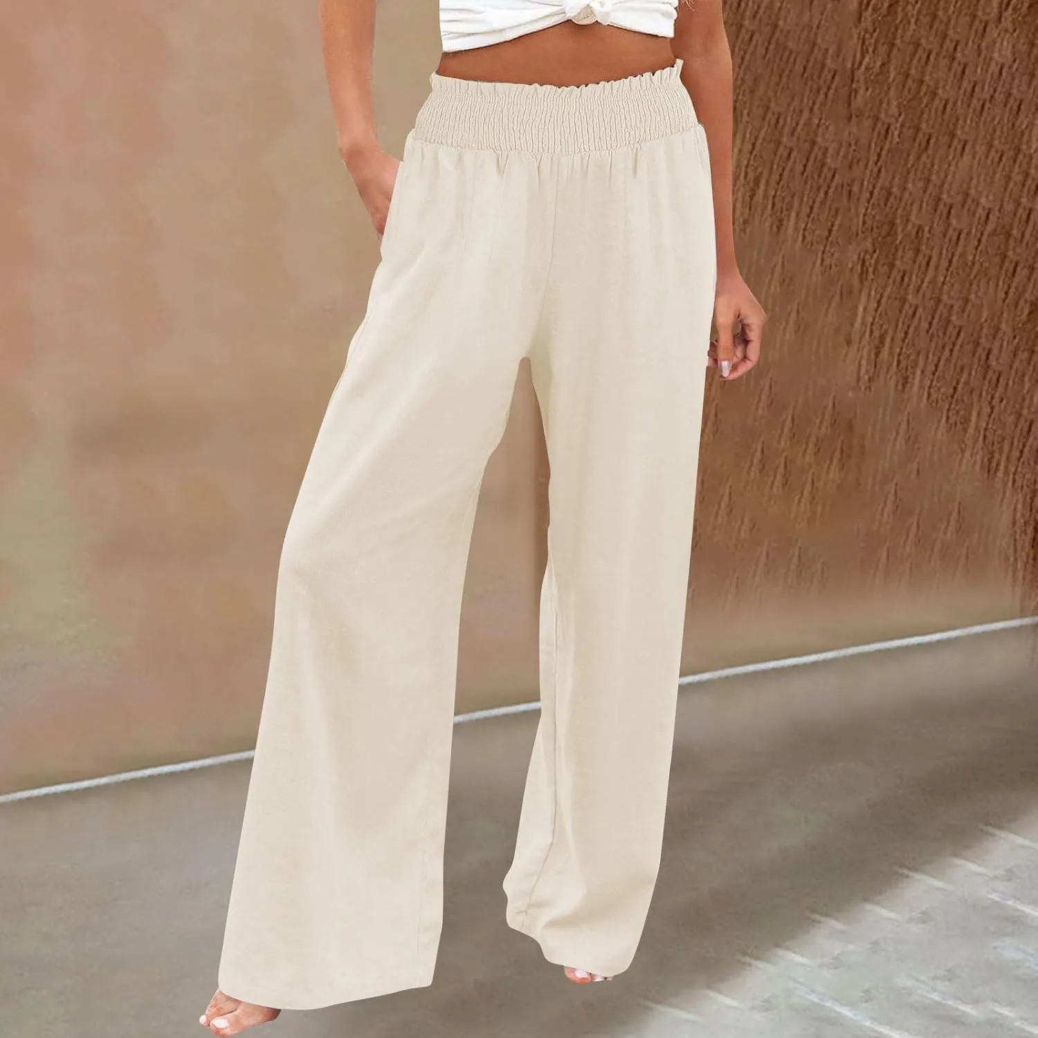 Womens Linen Pants 2025 Summer Casual Loose Wide Leg Palazzo Pants High Waist Flowy Beach Trousers Outfits